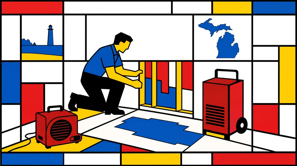 Flat geometric illustration of a technician opening a wet wall beside an air mover and a dehumidifier