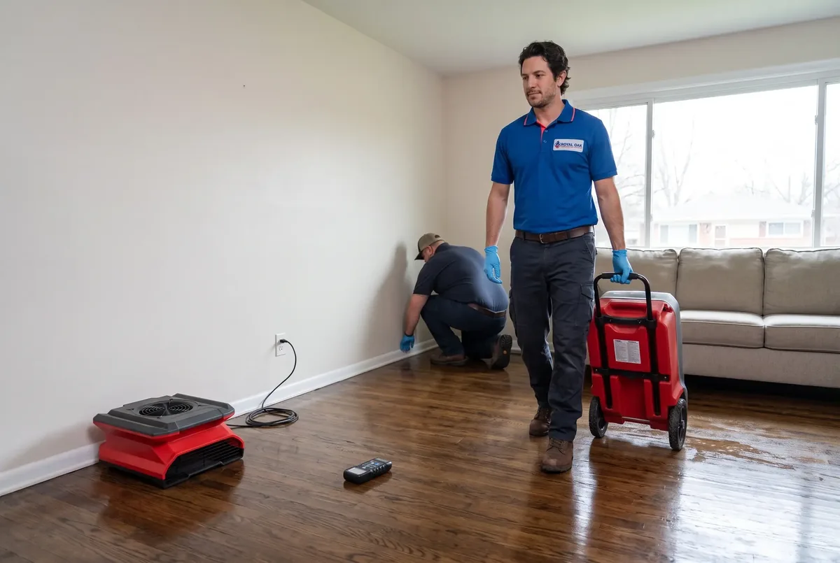 Technician wheeling a dehumidifier across a wet hardwood floor