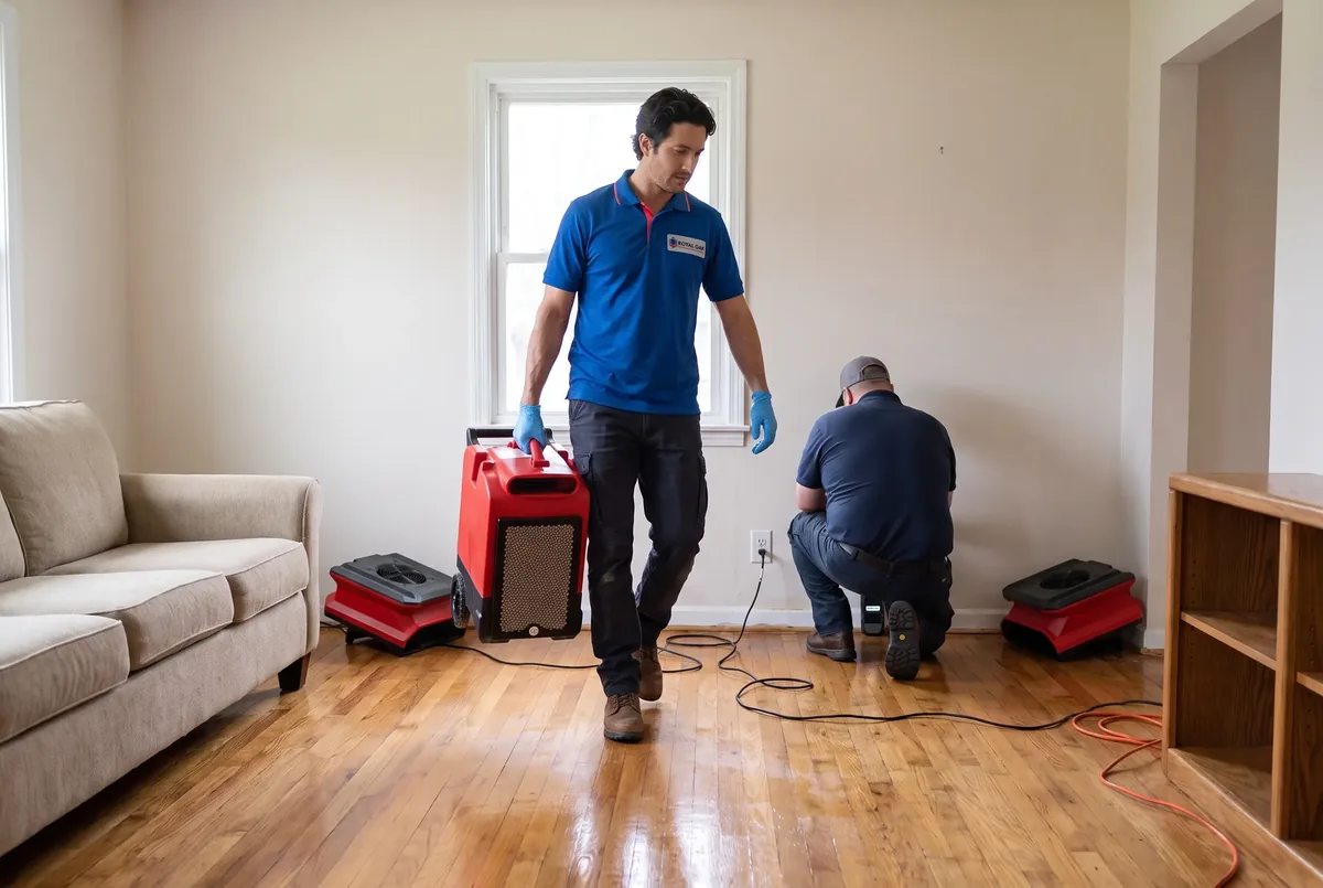 Technician wheeling a dehumidifier through a living room while a second technician works at the wall base