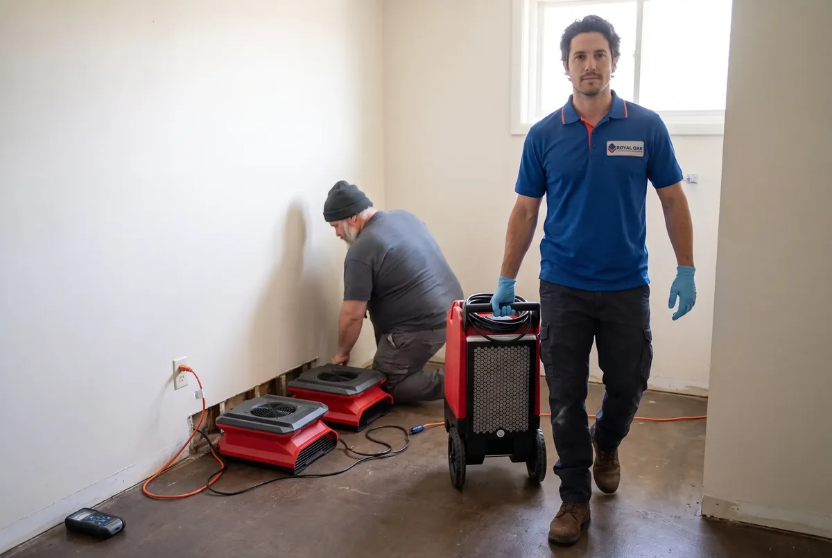Technician carrying a dehumidifier past opened wall base with air movers running